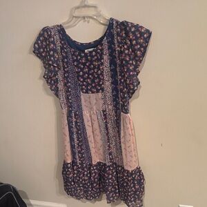 Girls Navy and Pink Floral Patchwork Flutter Dress